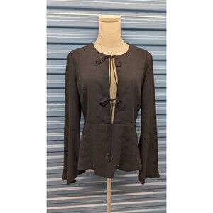 $265 INTERMIX Tie Front‎ Plunging Ruffle Hem Bell Sleeve Peplum Boho Top Medium